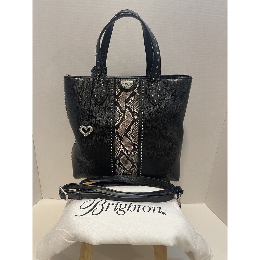 BRIGHTON PRETTY TOUGH JOHNNY‎ TALL Tote Bag Black SNAKESKIN Leather MSRP $380